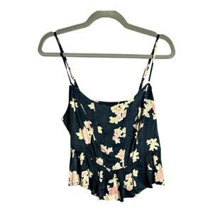 Free People Blue Floral Ruffle Hem Camisole Adjustable Spaghetti Straps Sz Lg